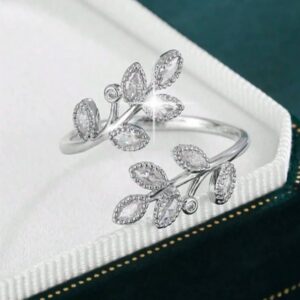 White Zirconium leaf silver ring