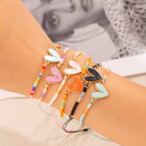 Glass rice beads and zinc alloy heart charm bracelet (purple)