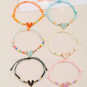 Glass rice beads and zinc alloy heart charm bracelet (sky blue)