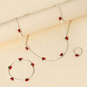 Adorable cherry beaded necklace, bracelet & ring set (white)