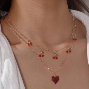Cherry & heart charm layered golden necklace