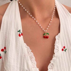 Faux pearl cherry fruity necklace