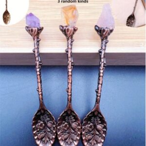 Natural Crystal Raw gemstone floral carved copper spoon
