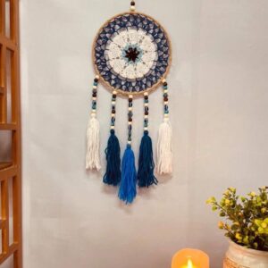 Hand Crocheted evil eye blue beaded tasseled dream catcher