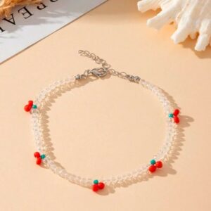 Transparent crystal beaded cherry anklet